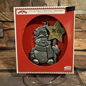 2016 Holiday Time Pewter Snowman Christmas Ornament w/ Glitter Star Made in USA